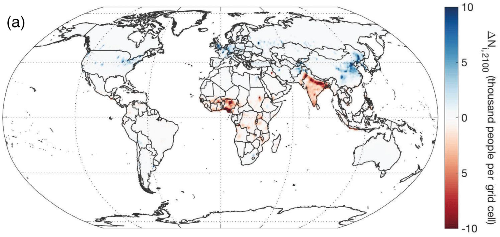 World map of the number of people per grid cell projected to have an additional incentive to migrate under end-of-century RCP8.5 projections. India stands out most strongly, with further concentrations in eastern China, Southeast Asia, and West Africa; the sparsely populated Amazon barely registers.