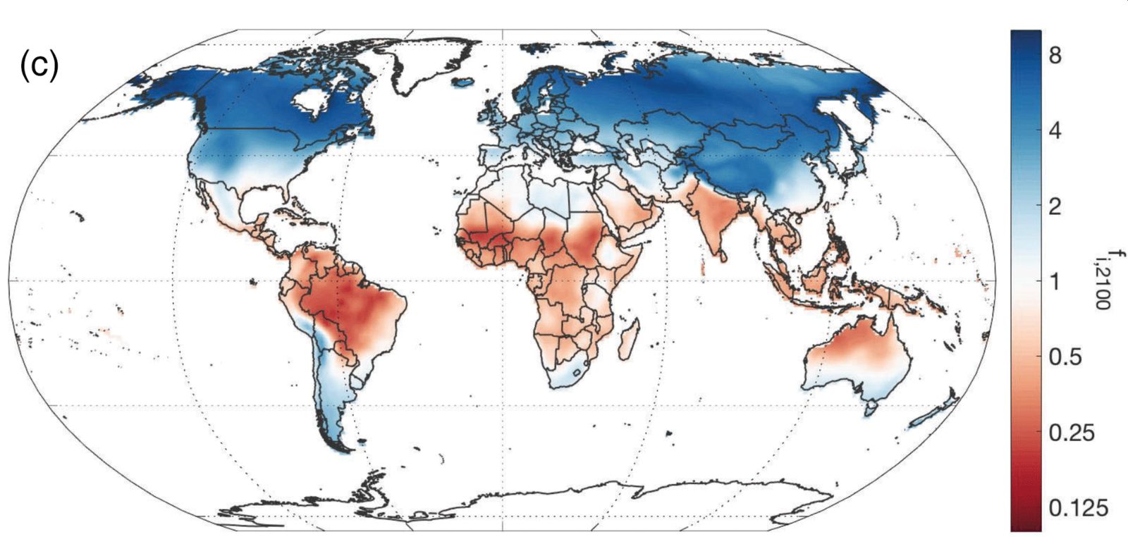 World map shading the ratio of population predicted under end-of-century RCP8.5 climate to population predicted under current climate. Much of the tropics — northern South America, central Africa, India, and Southeast Asia — is red, indicating a predicted decrease, while mid and high northern latitudes across Canada, northern Europe, and Russia are blue, indicating a predicted increase.