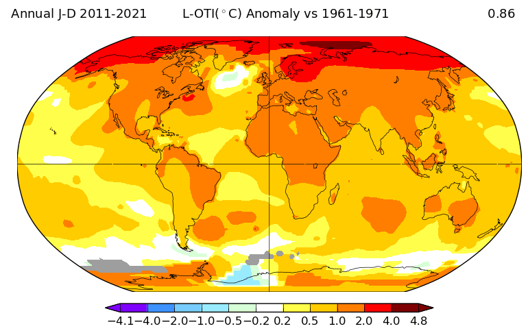 World map of surface temperature change over the past 50 years, with the strongest warming in deep red across the Arctic and northern high latitudes, moderate warming over most continents, and weaker warming or slight cooling over parts of the Southern Ocean and the North Atlantic.