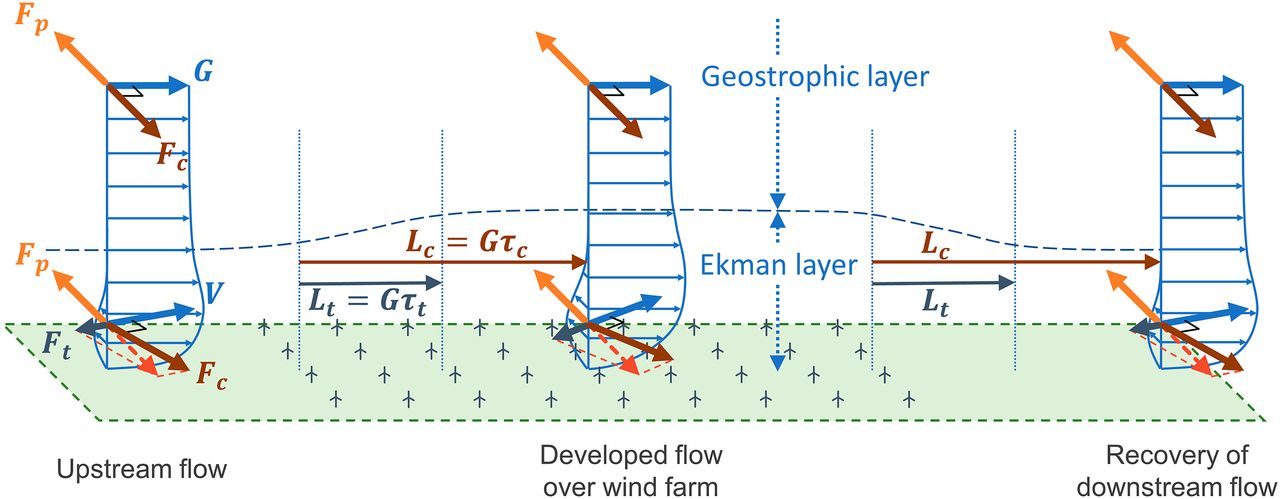 Schematic cross-section through a large wind farm. Arrows show the pressure gradient force and the Coriolis force balancing in undisturbed geostrophic flow upstream, and the weakened Coriolis force leaving an unbalanced pressure gradient force that accelerates air within the boundary layer as it passes through the turbines.