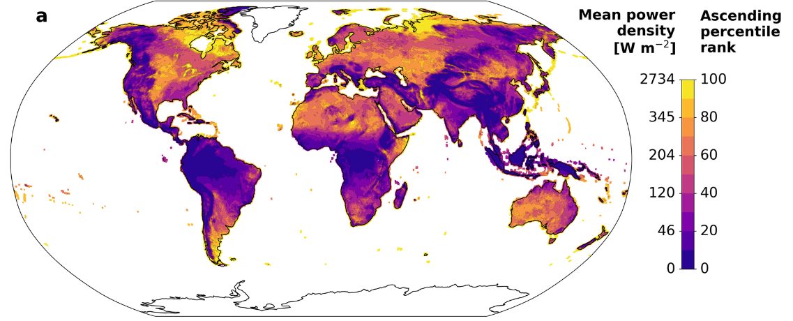 World map of annual average wind power density. Yellow bands of high wind power run across the Southern Ocean, the North Atlantic, the North Pacific, and parts of the American Midwest, the Sahara, and Patagonia; purple areas of weak wind cover the deep tropics and much of equatorial Africa and South America.