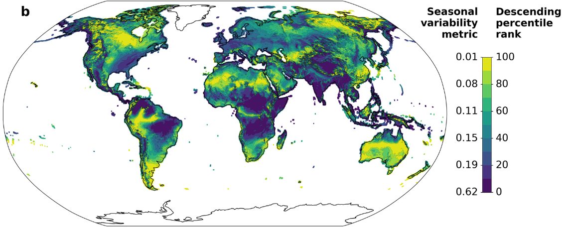 World map of the seasonal variability of wind power, expressed as hours of storage needed. Yellow low-variability regions include much of the Southern Ocean and mid-latitude oceans; blue high-variability regions include the monsoon belts of South and Southeast Asia and parts of the tropics.