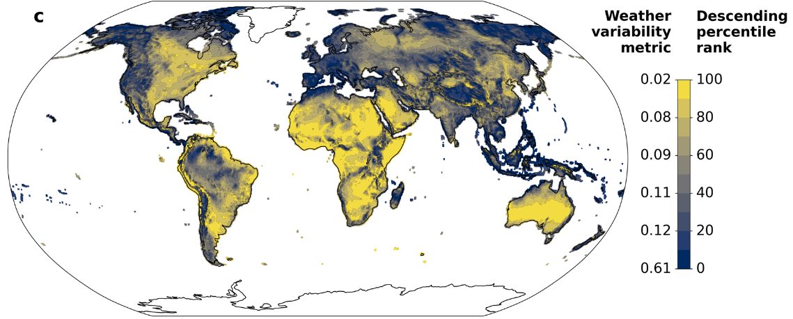 World map of the weather variability of wind power. Yellow low-variability areas cover much of the Southern Ocean and the trade-wind belts; dark high-variability areas cover mid-latitude continental interiors and the higher northern latitudes.