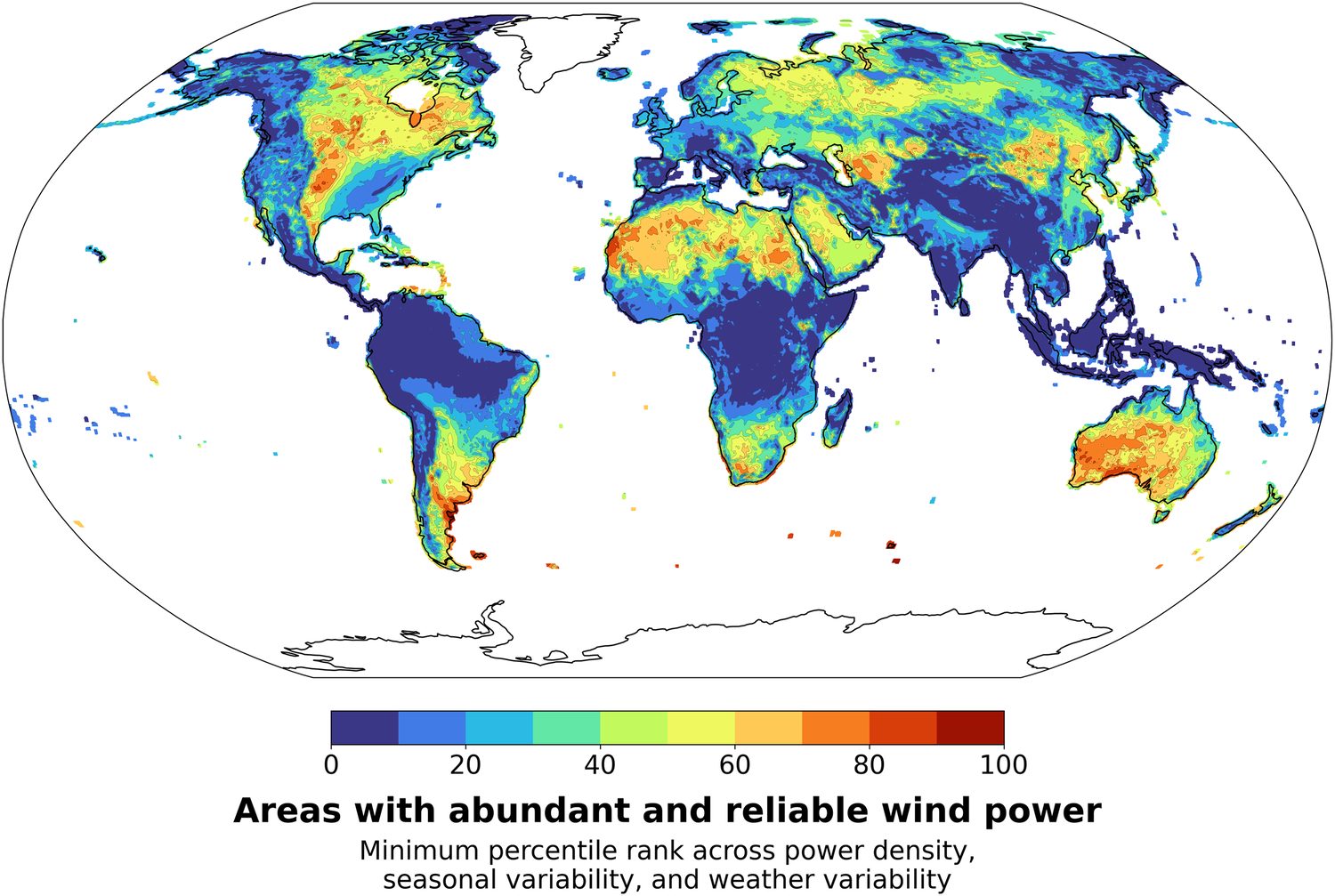 World map combining mean wind power, seasonal variability, and weather variability into a single minimum-percentile ranking. Red areas marking the most abundant and reliable winds appear over the American Midwest, parts of Asia, the Sahara and southern Africa, Australia, and Argentina; blue areas cover the tropics and much of the higher latitudes.
